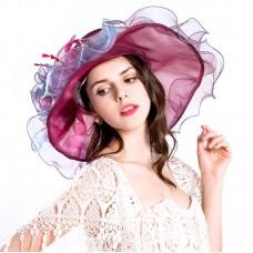 Purple Mujer Foldable Organza Church Derby Hat Ruffles Wide Brim Bridal Cap  eb-50904218